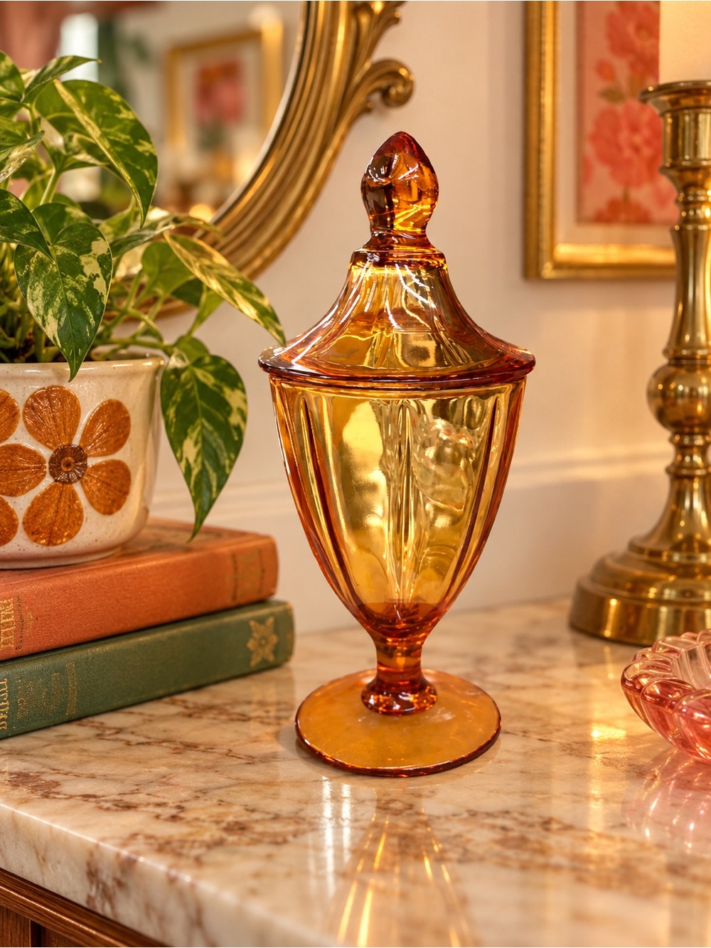 Vintage Cambridge Glass Candy Dish w Cover Amber Lid Paneled 8 1/4" Tall